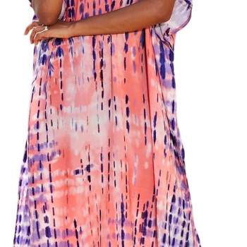 Plus Size Bohemian Pink Floral Stripe Batwing Kaftan Maxi Cover Up Dress for Swimwear & Resort Vacation