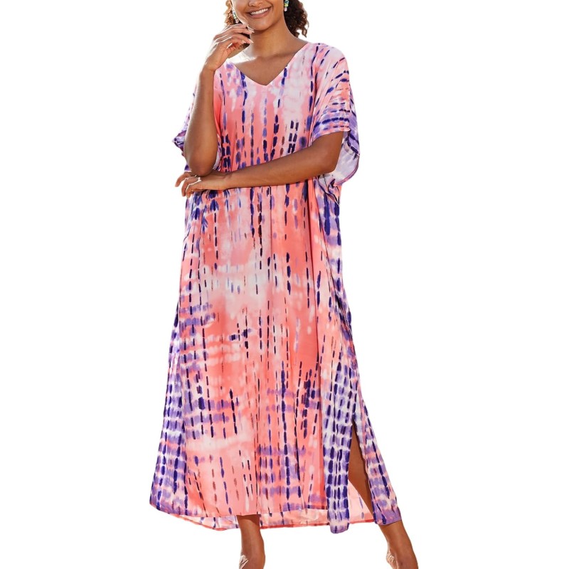 Plus Size Bohemian Pink Floral Stripe Batwing Kaftan Cover Up Dress Plus size bohemian pink floral stripe batwing kaftan maxi cover up dress