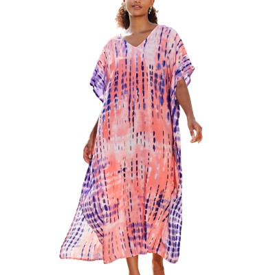 Plus Size Bohemian Pink Floral Stripe Batwing Kaftan Cover Up Dress Plus size bohemian pink floral stripe batwing kaftan maxi cover up dress