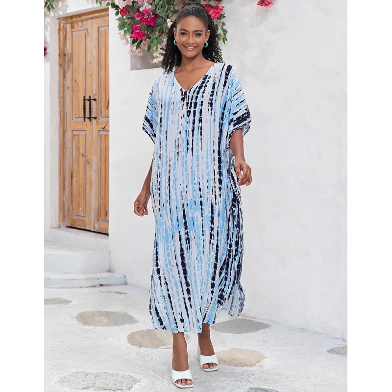 Women's Plus Size Floral Kaftan Maxi Dress Swim Cover Up for Resort Wear Women's Plus Size Bohemian Floral Kaftan Maxi Dress as Swim Cover Up for Resort Vacation