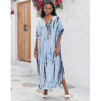 Women’s Plus Size Batwing Sleeve Bohemian Floral Kaftan Maxi Dress - Swim Cover Up Resort Vacation