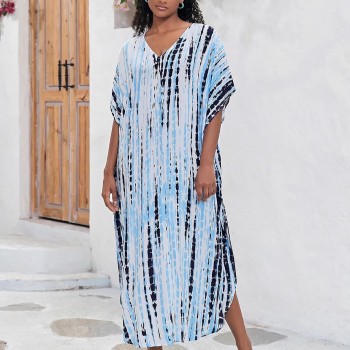 Women’s Plus Size Batwing Sleeve Bohemian Floral Kaftan Maxi Dress - Swim Cover Up Resort Vacation