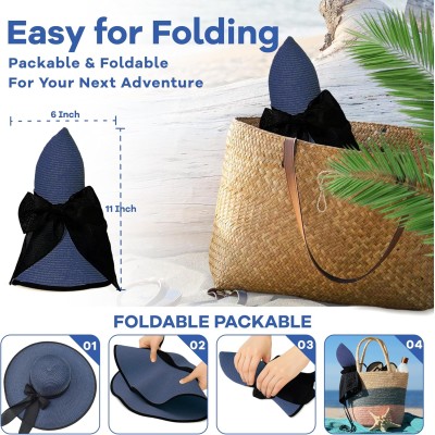 Women's Navy Wide Brim Straw Sun Hat with Bowknot, UPF50+ Foldable