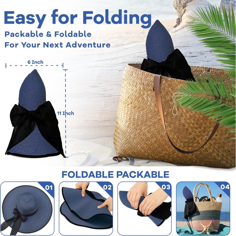 Women's Navy Wide Brim Straw Sun Hat with Bowknot, UPF50+ Foldable
