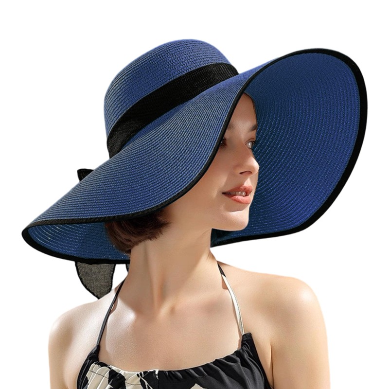 Women's Navy Wide Brim Straw Sun Hat with Bowknot, UPF50+ Foldable