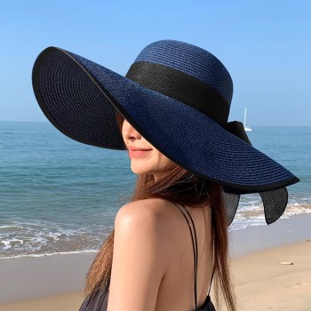 Women's Wide Brim Straw Sun Hat UPF50+ Foldable Navy Bowknot Beach Travel Outdoor Hat