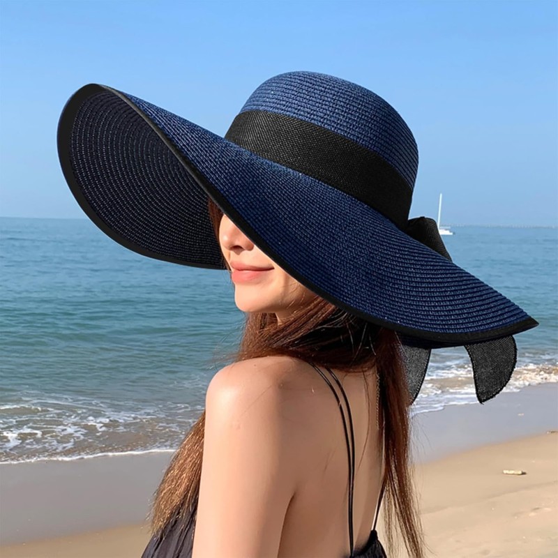 Women's Navy Wide Brim Straw Sun Hat with Bowknot, UPF50+ Foldable