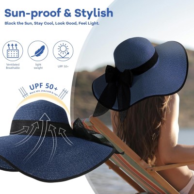 Women's Navy Wide Brim Straw Sun Hat with Bowknot, UPF50+ Foldable