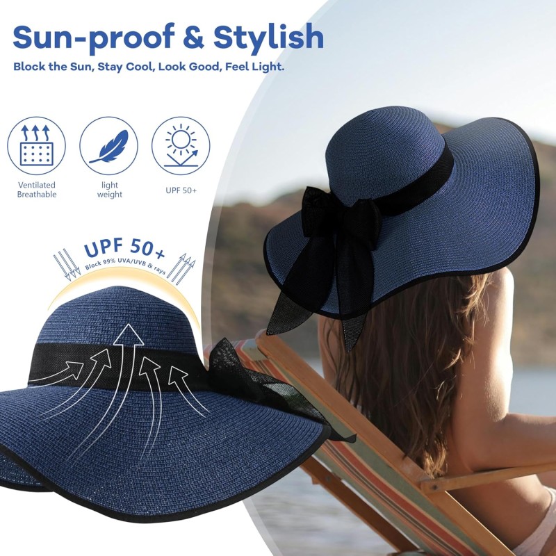 Women's Navy Wide Brim Straw Sun Hat with Bowknot, UPF50+ Foldable