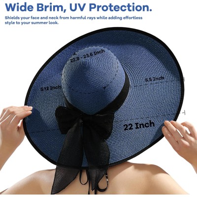 Women's Navy Wide Brim Straw Sun Hat with Bowknot, UPF50+ Foldable