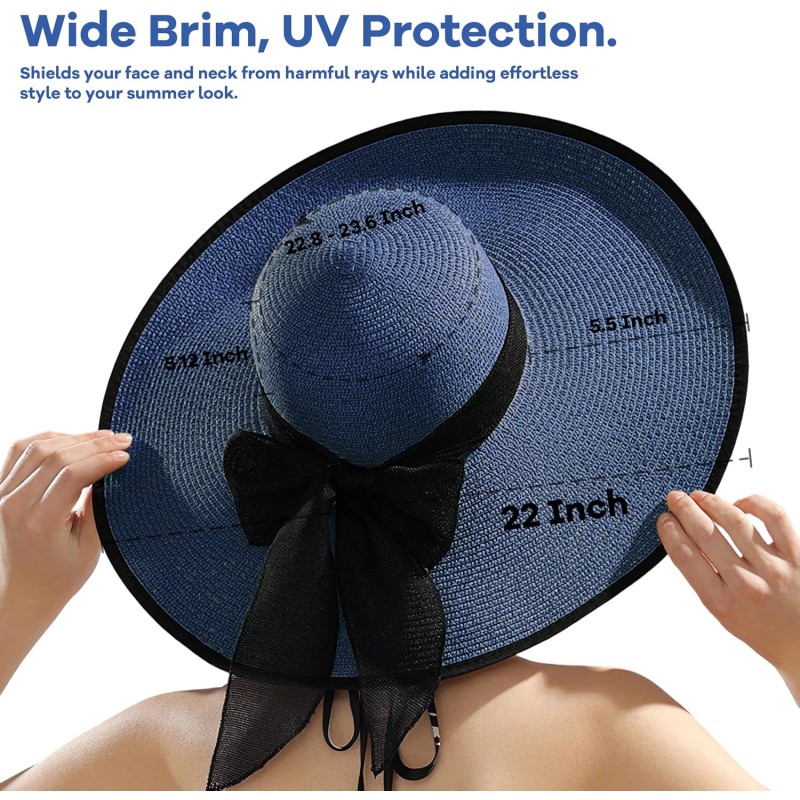 Women's Navy Wide Brim Straw Sun Hat with Bowknot, UPF50+ Foldable
