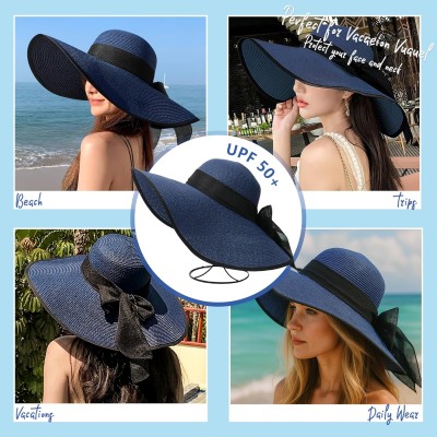 Women's Navy Wide Brim Straw Sun Hat with Bowknot, UPF50+ Foldable