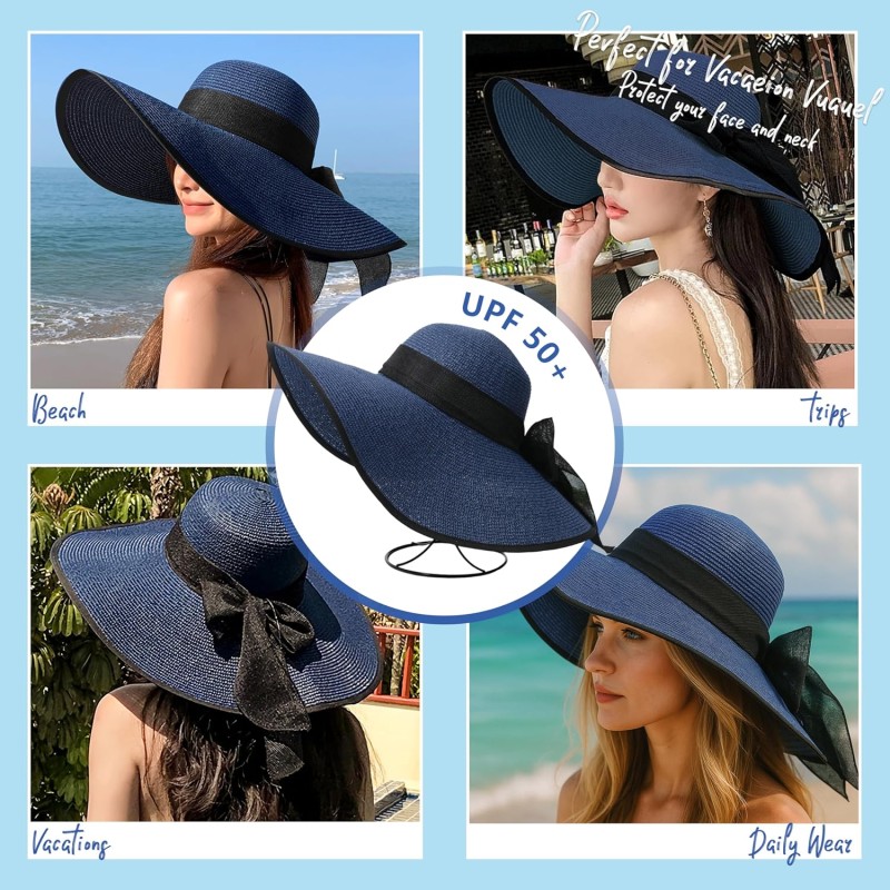 Women's Navy Wide Brim Straw Sun Hat with Bowknot, UPF50+ Foldable