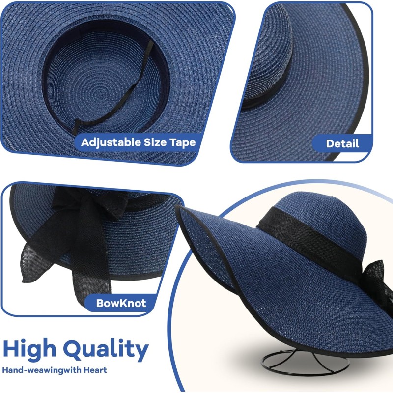 Women's Navy Wide Brim Straw Sun Hat with Bowknot, UPF50+ Foldable