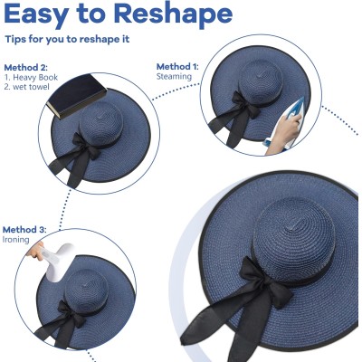 Women's Navy Wide Brim Straw Sun Hat with Bowknot, UPF50+ Foldable