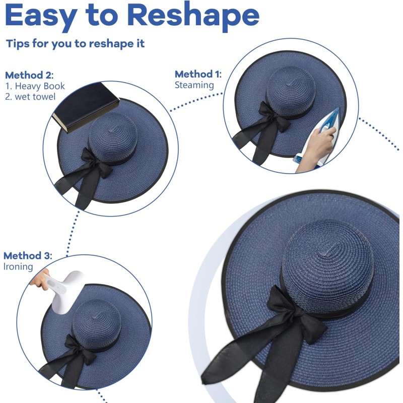 Women's Navy Wide Brim Straw Sun Hat with Bowknot, UPF50+ Foldable