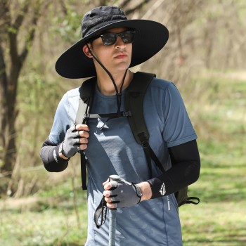 UPF50+ Adjustable Wide Brim Sun Hat for Men Women – Ventilated Packable Bucket Hat for Safari Hiking Fishing
