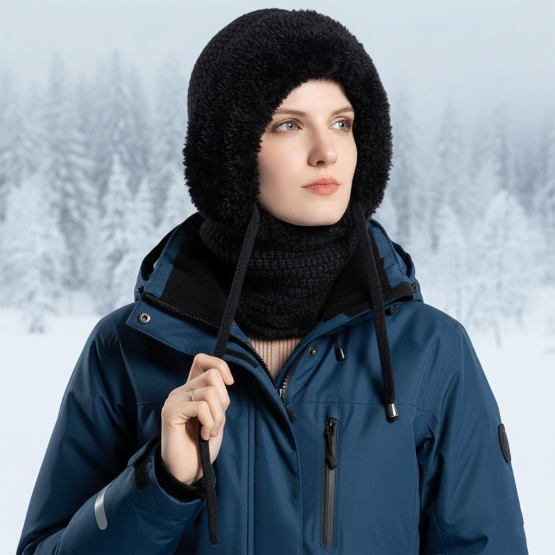 Women's Winter Knitted Balaclava Fleece Lined Hooded Beanie Women's Black Fleece Lined Knitted Balaclava Beanie with String