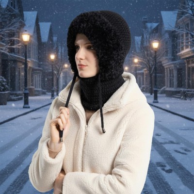 Women's Winter Knitted Balaclava Fleece Lined Hooded Beanie Women's Black Fleece Lined Knitted Balaclava Beanie with String