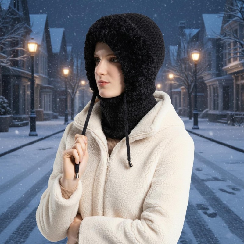 Women's Winter Knitted Balaclava Fleece Lined Hooded Beanie Women's Black Fleece Lined Knitted Balaclava Beanie with String