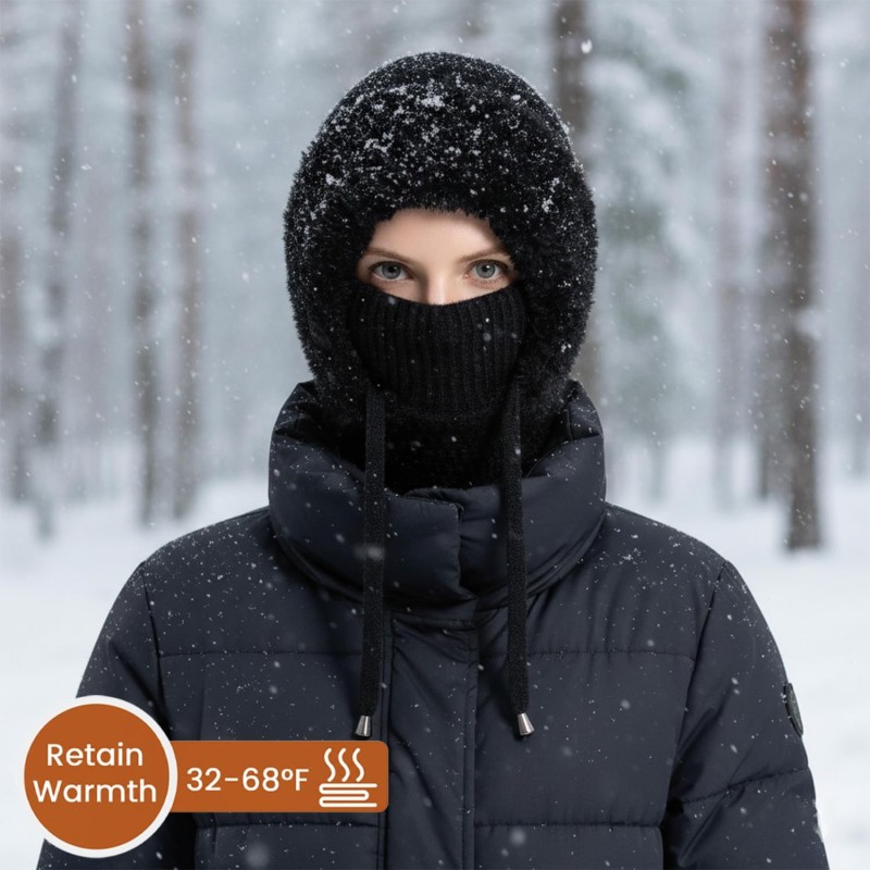 Women's Winter Knitted Balaclava Fleece Lined Hooded Beanie Women's Black Fleece Lined Knitted Balaclava Beanie with String
