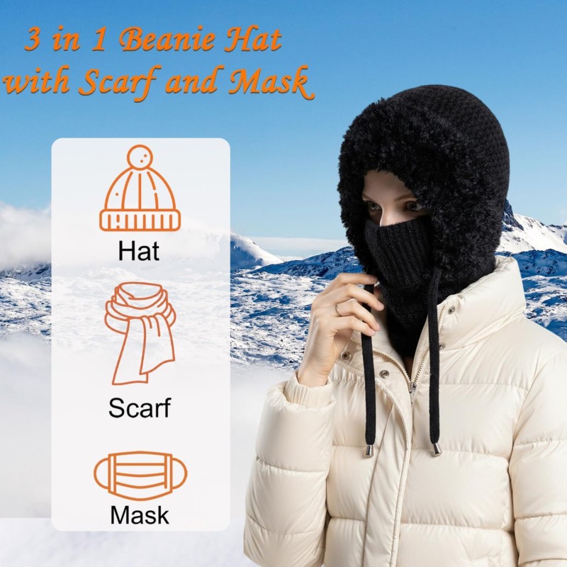 Women's Winter Knitted Balaclava Fleece Lined Hooded Beanie Women's Black Fleece Lined Knitted Balaclava Beanie with String