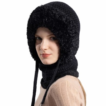 Women’s Winter Knitted Balaclava Fleece Lined Hooded Beanie Neck Warmer Cold Weather Black with String
