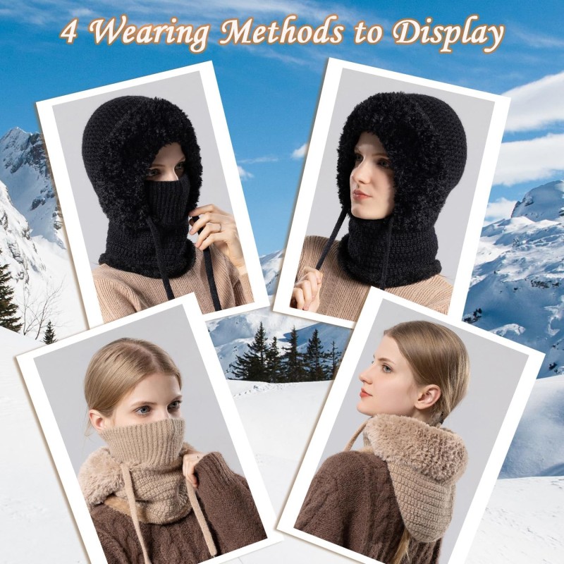 Women's Winter Knitted Balaclava Fleece Lined Hooded Beanie Women's Black Fleece Lined Knitted Balaclava Beanie with String