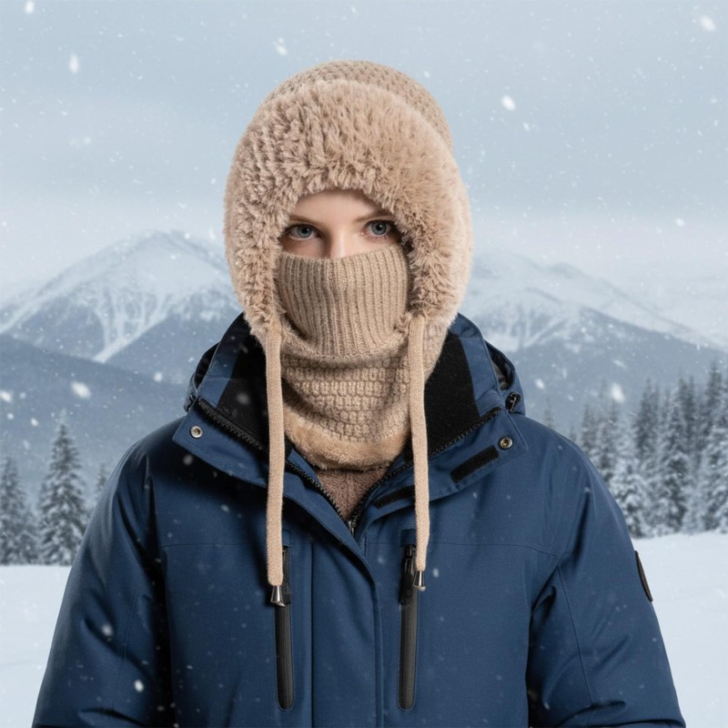 Women's Winter Knitted Hooded Balaclava Fleece Lined Khaki Women's Khaki Fleece Lined Hooded Balaclava Winter Neck Warmer