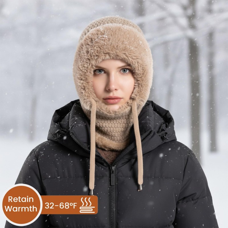 Women's Winter Knitted Hooded Balaclava Fleece Lined Khaki Women's Khaki Fleece Lined Hooded Balaclava Winter Neck Warmer