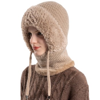 Women's Winter Knitted Hooded Balaclava Fleece Lined Khaki Windproof Neck Warmer With String