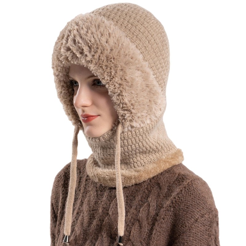 Women's Winter Knitted Hooded Balaclava Fleece Lined Khaki Women's Khaki Fleece Lined Hooded Balaclava Winter Neck Warmer