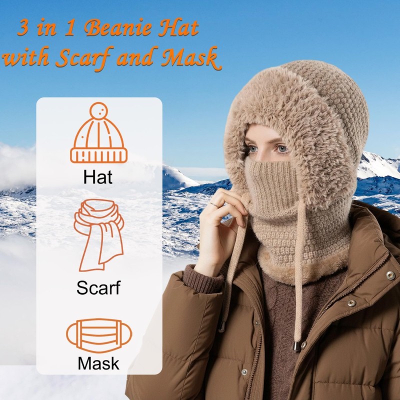 Women's Winter Knitted Hooded Balaclava Fleece Lined Khaki Women's Khaki Fleece Lined Hooded Balaclava Winter Neck Warmer