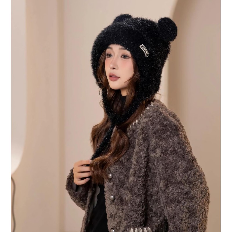 Black Sherpa Lined Ponytail Beanie Ear Flap Ski Cap Black Women’s Sherpa Fleece Lined Ponytail Beanie with Ear Flaps for Skiing