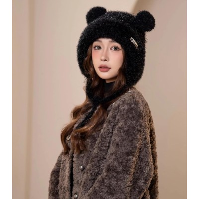 Black Sherpa Lined Ponytail Beanie Ear Flap Ski Cap Black Women’s Sherpa Fleece Lined Ponytail Beanie with Ear Flaps for Skiing