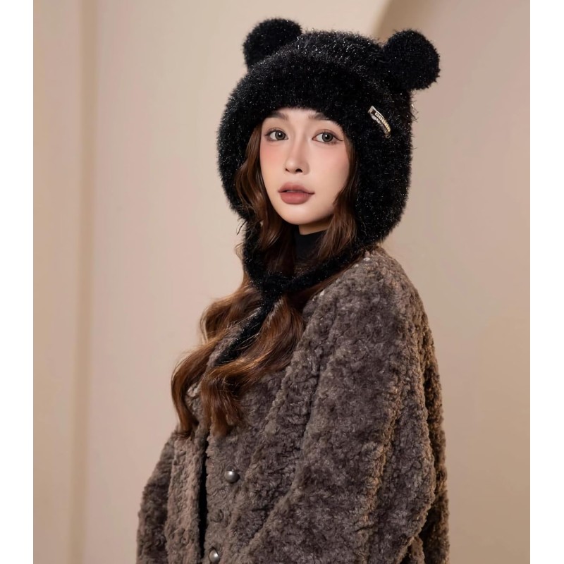 Black Sherpa Lined Ponytail Beanie Ear Flap Ski Cap Black Women’s Sherpa Fleece Lined Ponytail Beanie with Ear Flaps for Skiing