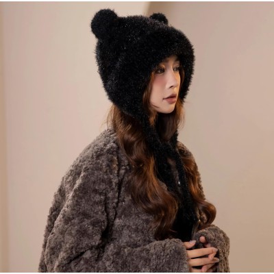 Black Sherpa Lined Ponytail Beanie Ear Flap Ski Cap Black Women’s Sherpa Fleece Lined Ponytail Beanie with Ear Flaps for Skiing
