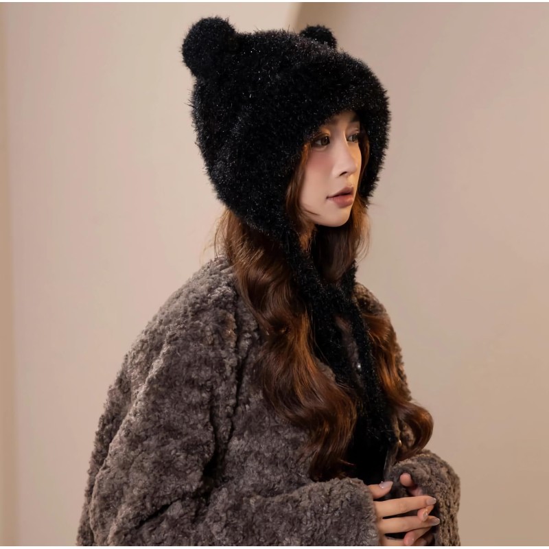 Black Sherpa Lined Ponytail Beanie Ear Flap Ski Cap Black Women’s Sherpa Fleece Lined Ponytail Beanie with Ear Flaps for Skiing