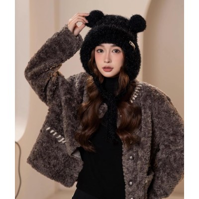 Black Sherpa Lined Ponytail Beanie Ear Flap Ski Cap Black Women’s Sherpa Fleece Lined Ponytail Beanie with Ear Flaps for Skiing