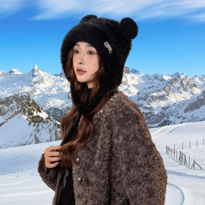 Black Sherpa Lined Ponytail Beanie Ear Flap Ski Cap Black Women’s Sherpa Fleece Lined Ponytail Beanie with Ear Flaps for Skiing