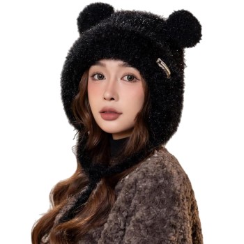 Women’s Warm Winter Sherpa Fleece Lined Ponytail Beanie, Ear Flap Ski Snow Cap, Black