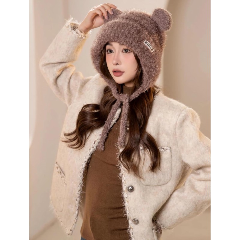 Reddish Brown Peruvian Women's Ponytail Beanie with Ear Flaps
