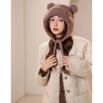 Women's Warm Winter Ponytail Beanie, Fleece Lined Ear Flap Sherpa Hat, Reddish Brown Peruvian Ski Snow Cap