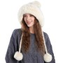 Women's Beige Knit Peruvian Winter Beanie – Warm Fleece Lined Ponytail Hat with 3 Pompoms, Ear Flap Ski Cap