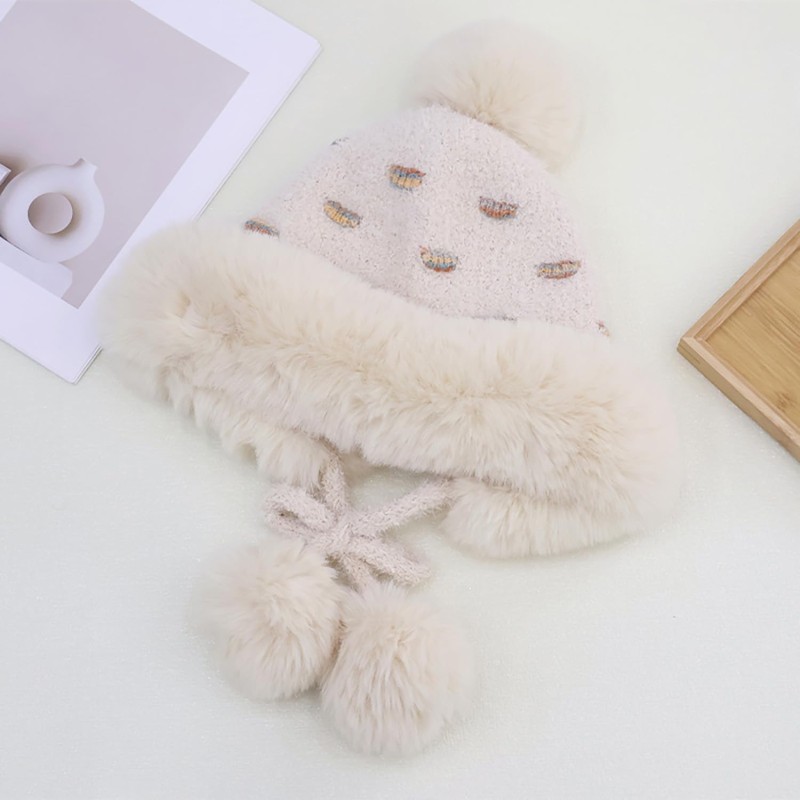 Women's Beige Knit Peruvian Winter Beanie with 3 Pompoms