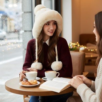 Women's Beige Knit Peruvian Winter Beanie with 3 Pompoms