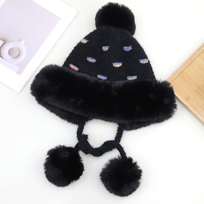 Black Peruvian Sherpa Lined Ponytail Beanie with Ear Flaps