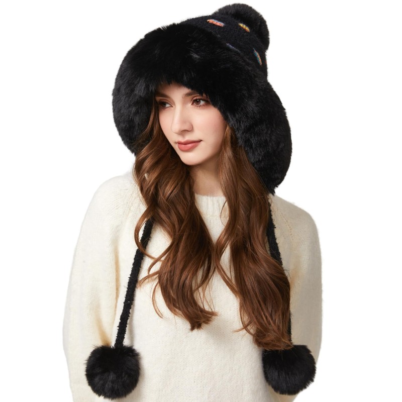 Black Peruvian Sherpa Lined Ponytail Beanie with Ear Flaps