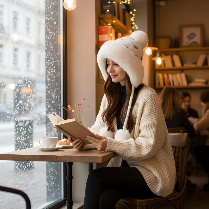 Women’s Cream White Peruvian Winter Beanie: Fleece Lined Ski Hat Women’s Cream White Peruvian Winter Beanie with Fleece Lining, Ponytail Cut, and 3 Pompoms