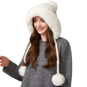 Women’s Cream White Peruvian Winter Beanie: Fleece Lined, Ponytail Cut, 3 Pompoms, Warm Ear Flap Ski Hat